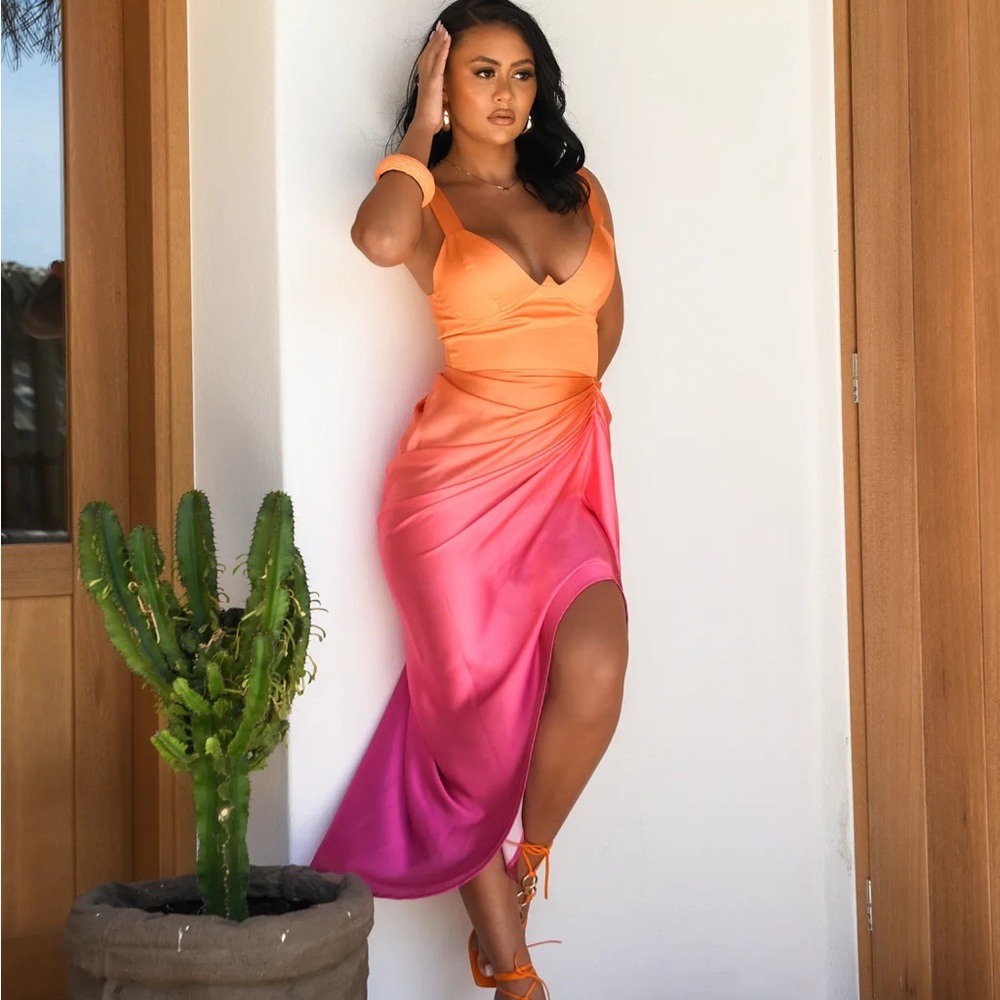 PINK AND ORANGE OMBRE MIDI DRESS WITH DRAPED SKIRT